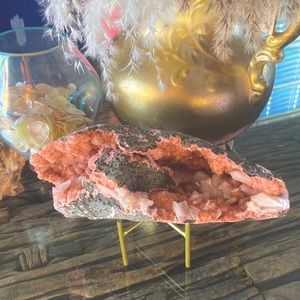 10inch Wide 3lb 3oz Coral Pink Geode on Matrix w/ Stilbite w/ stand